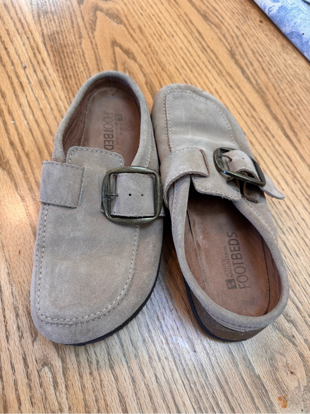 White Mountain Suede Buckle Mules in Taupe - Birkenstock Looking Mules
